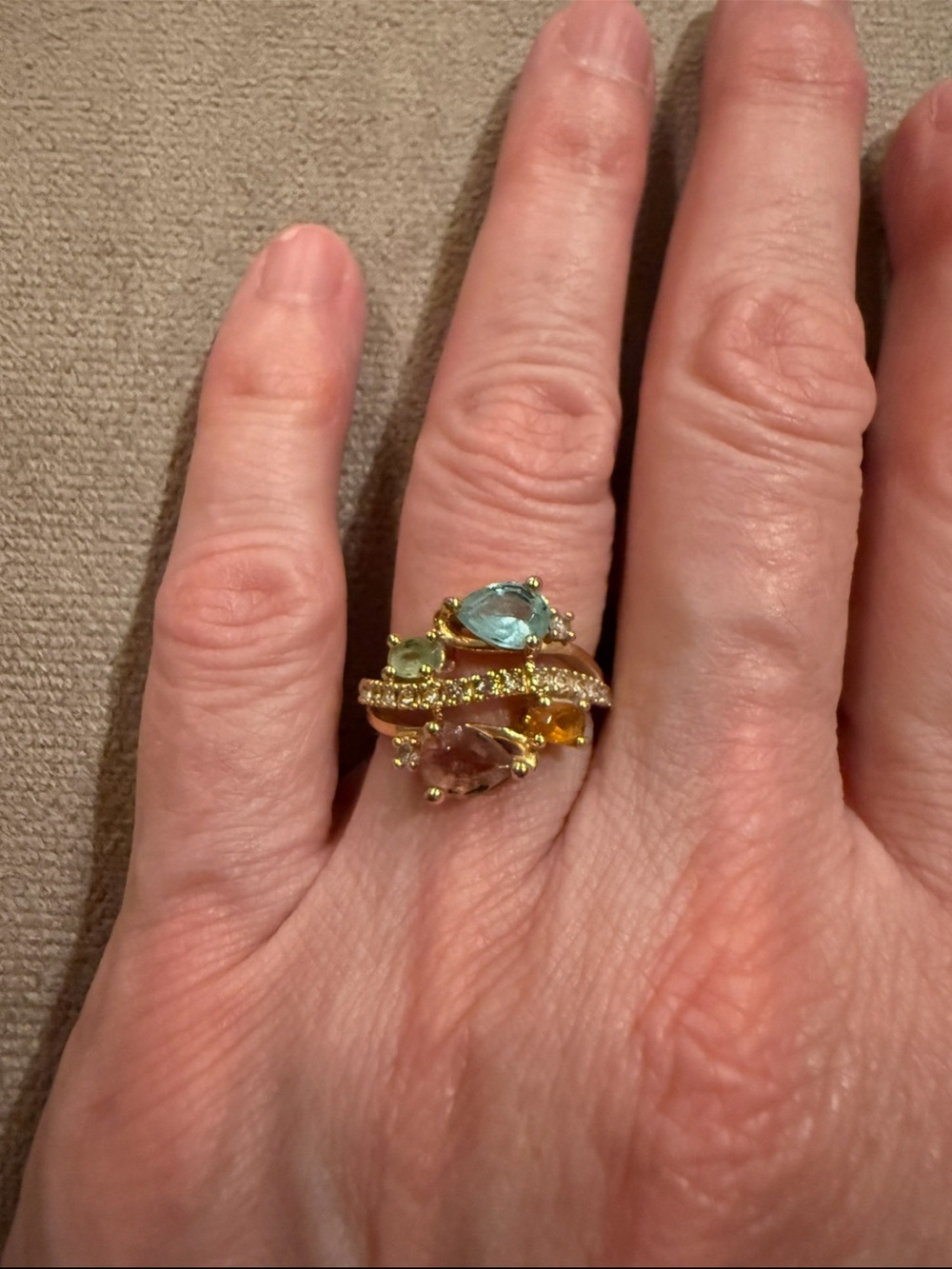 Gold-Tone Multicolor Gemstone Statement Ring - Blue, Green, Yellow, Pink
